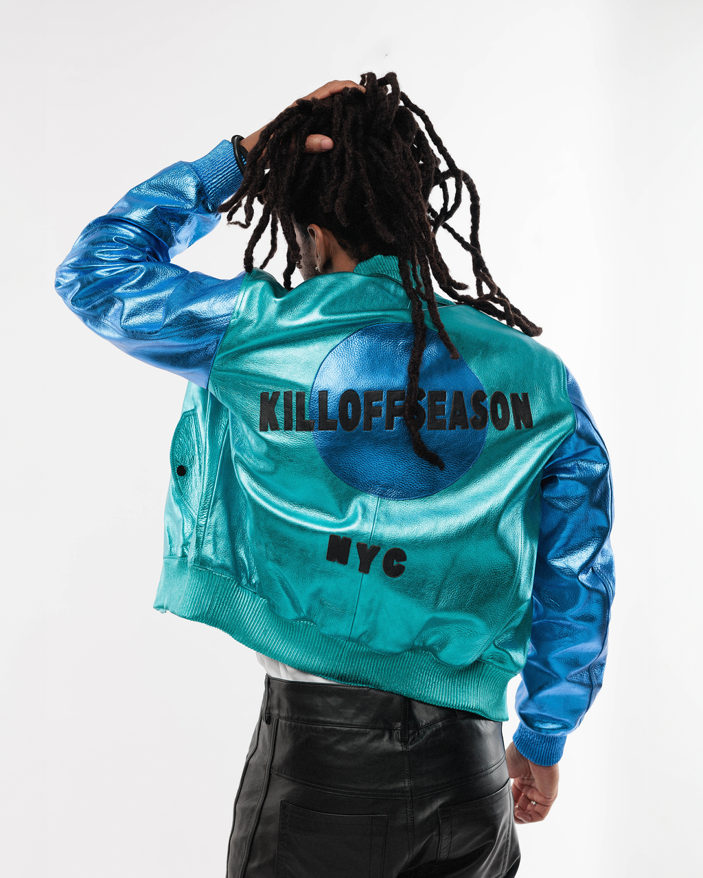 Belly Blue Cropped Leather Flight Jacket